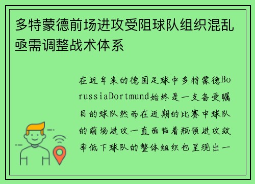 多特蒙德前场进攻受阻球队组织混乱亟需调整战术体系