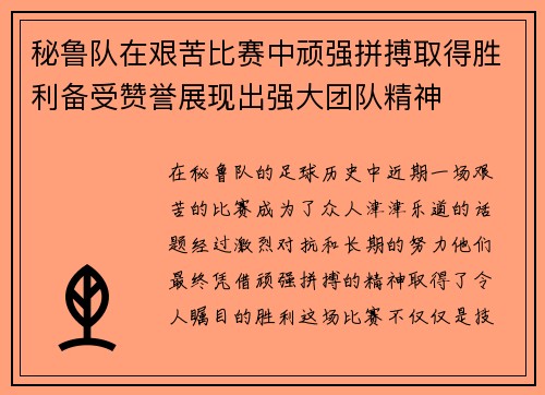 秘鲁队在艰苦比赛中顽强拼搏取得胜利备受赞誉展现出强大团队精神