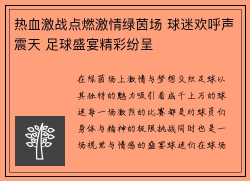 热血激战点燃激情绿茵场 球迷欢呼声震天 足球盛宴精彩纷呈